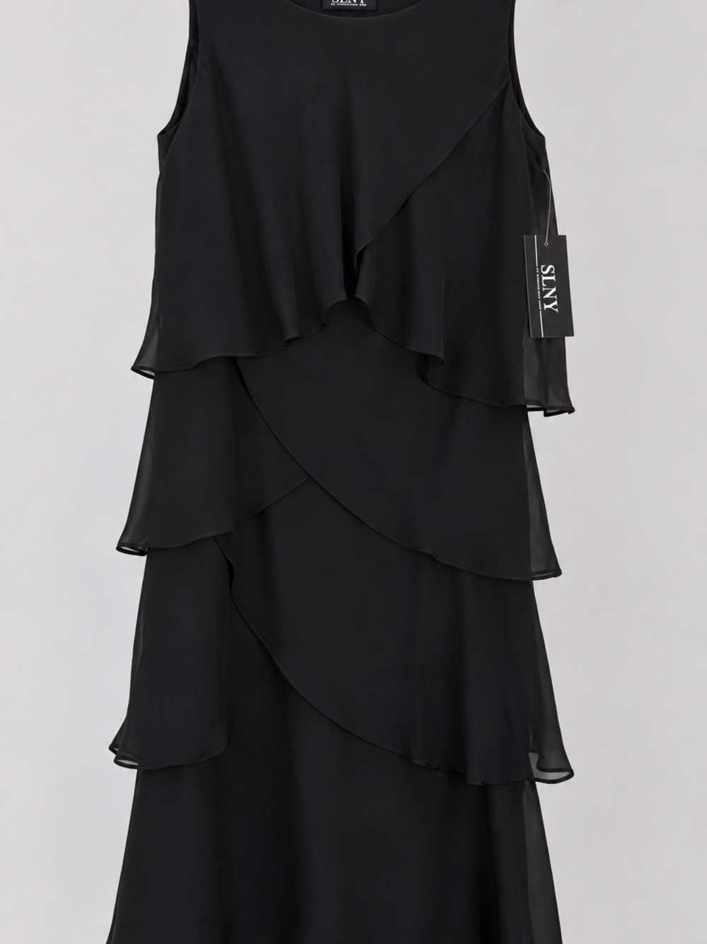 SLNY Black Tiered Chiffon Short Cocktail Dress